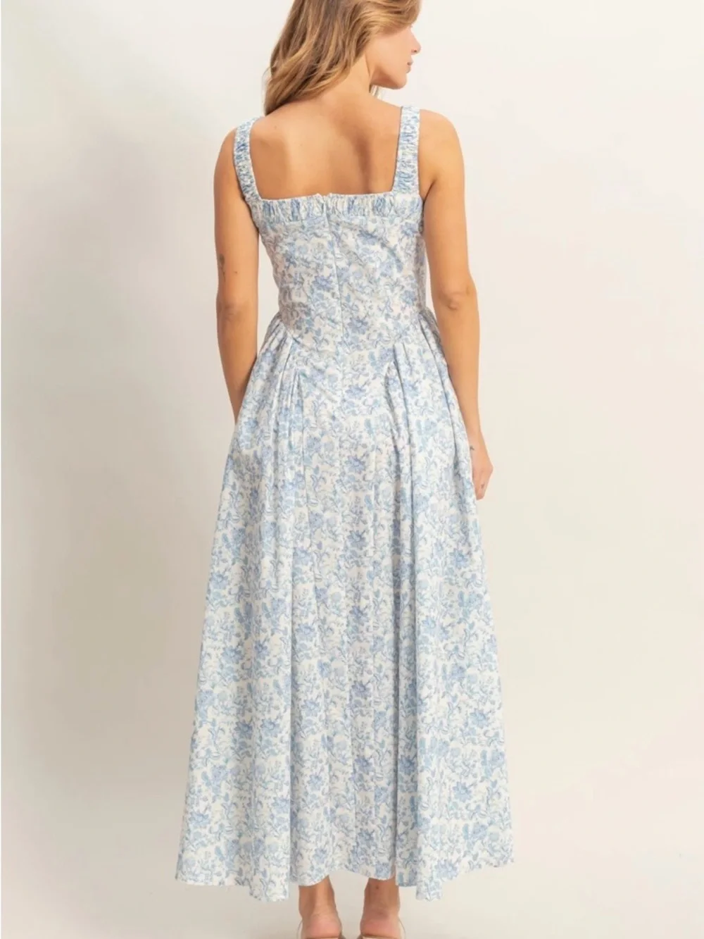 HYFVE Blue Floral Cotton Empire Waist Maxi Dress Square Neck Cottagecore Medium - Picture 3 of 5